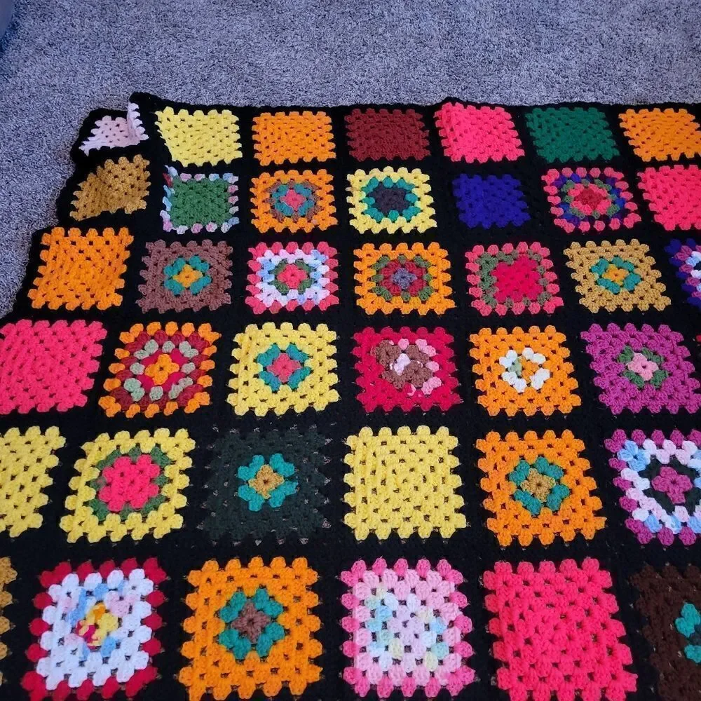 Vintage 80s Roseann Show Granny Square Afghan crochet Handmade Blanket